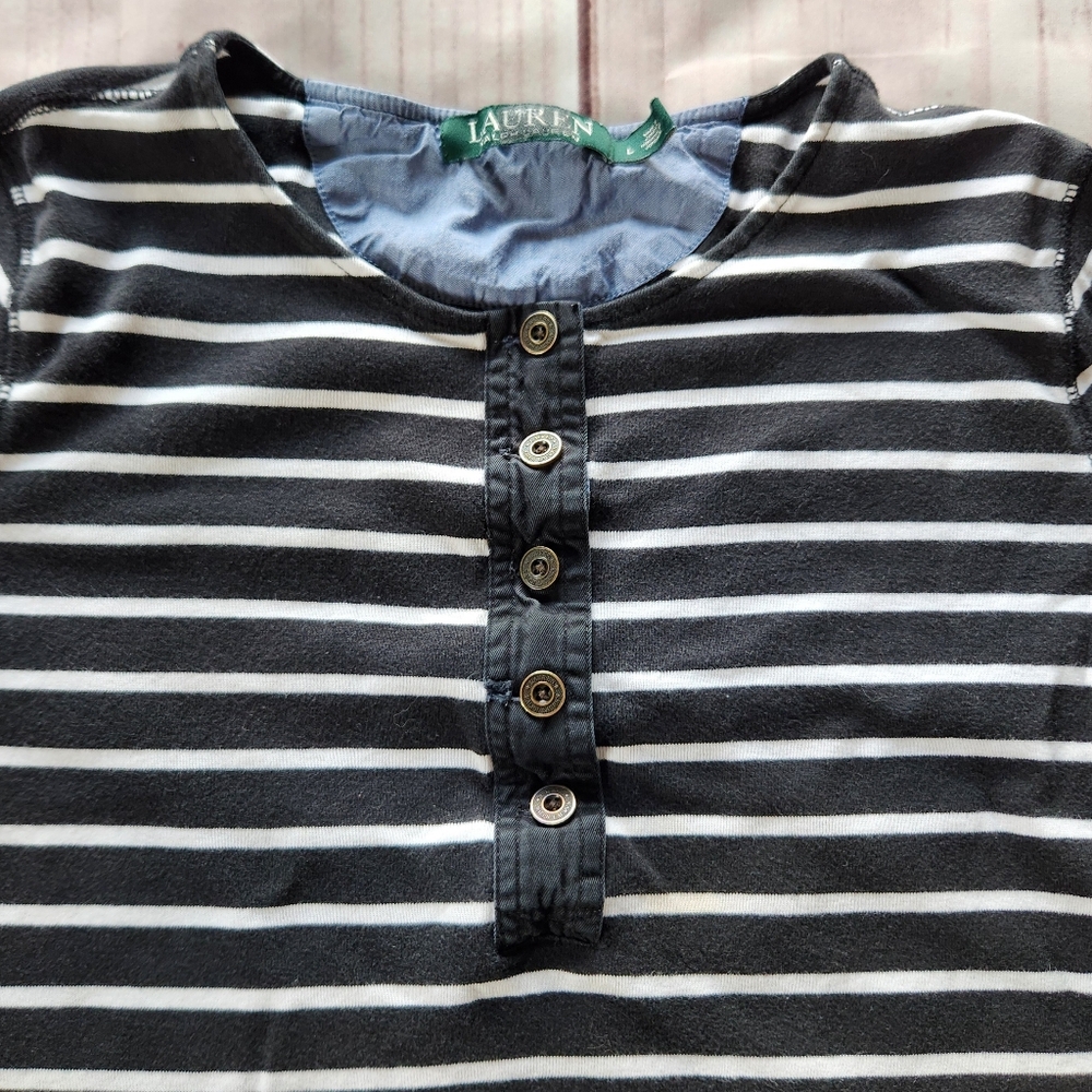 Lauren Ralph Lauren 3/4 Sleeve Henley Shirt Black White Stripe | Women's Size L - Picture 2 of 8